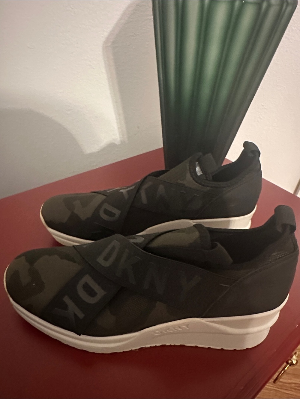 DKNY Olive Green and Black Camo Slip-On Sneakers